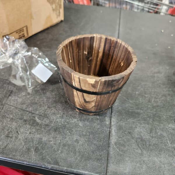 ***CHIPPED***Rustic Wood Whiskey Barrel Planter Box Round Small Wooden Garden Flower Pot | EZ Auction