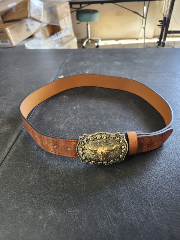 Western Cowboy PU Leather Belt - Men Waist Strap Bull Decoration Floral Engraved for Jeans 25" to 38" Waist | EZ Auction