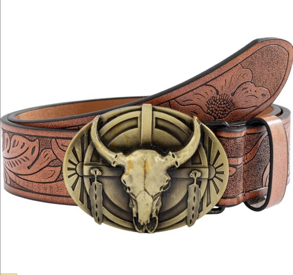 Eye-catching Relief Head Buckle Belt Embossed Pattern Waist Belt Ethnic Teens Man Waist Belt Wear-Resistant Wester | EZ Auction