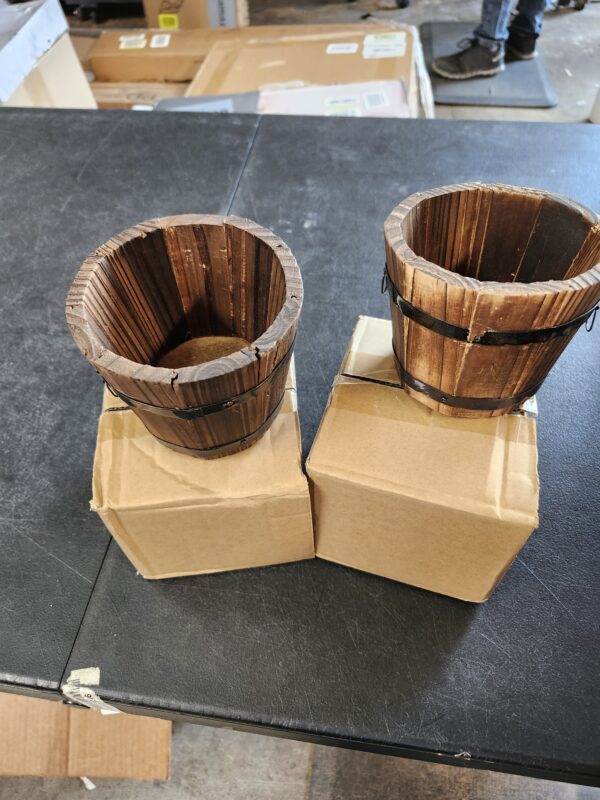 2 PACK* Rustic Wood Whiskey Barrel Planter Box Round Small Wooden Garden Flower Pot | EZ Auction