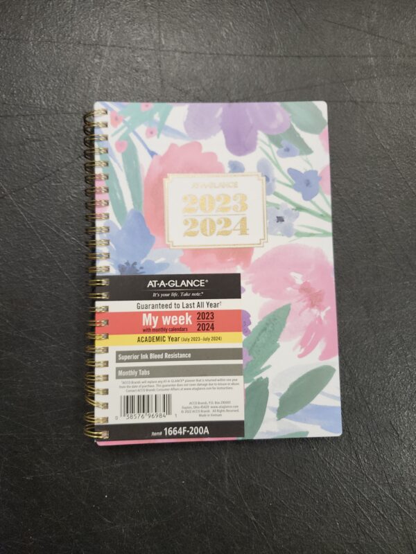 AT-A-GLANCE 2023-2024 Academic Planner, Weekly & Monthly, 5-1/2" x 8-1/2", Small, Monthly Tabs, Pocket, Flexible Cover, Badge Floral (1664F-200A) | EZ Auction