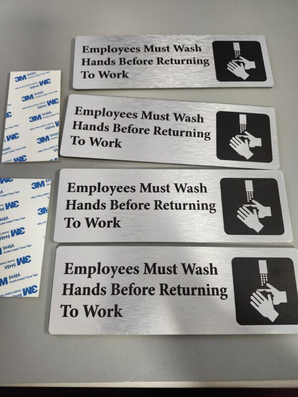 Employees Must Wash Hands Signs, Wash Hands Signs for Business, 9 x 3 Inches Brushed Aluminum, Waterproof, Self-adhesive - Silver (4 Pack) | EZ Auction