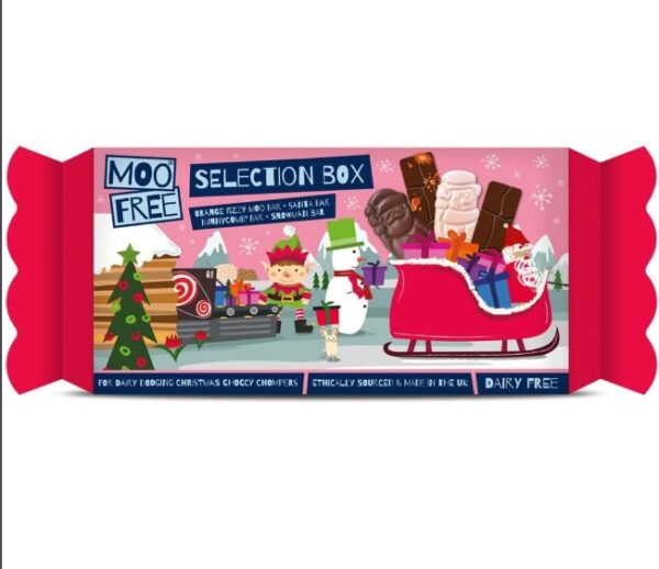 Moo Free Selection Box Christmas Cracker 80g - Fizzy Orange, Santa Bar, Bunnycomb Bar & Snowman Bar - Dairy Free & Ethically Sourced | EZ Auction