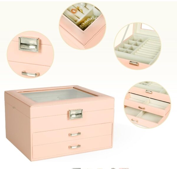 Jewelry Box for Women | 3-Layers Jewelry Organizer Storage Display with Glass Lid and 3 Drawers | Large Capacity for Necklace Earrings Bracelets Ring(Pink) | EZ Auction