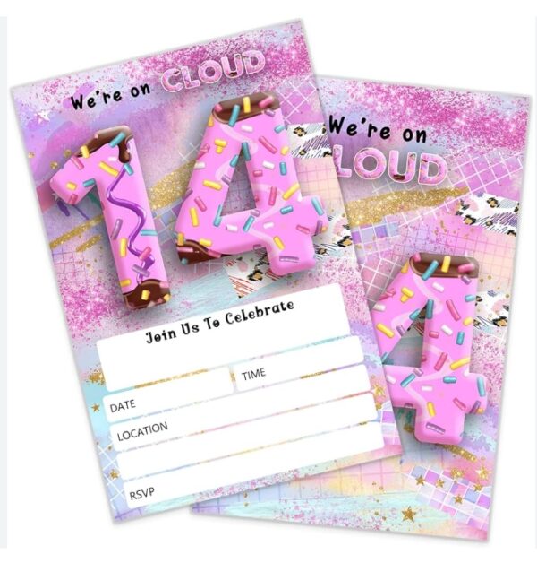 SHLINCO 14th Birthday Invitation Girl, 80's Neon Candy Chocolate Pink Stars Sprinkles Confetti Birthday Invitation, 80sn Party Celebration, Birthday Party Supplies (20 Invites + Envelopes) | EZ Auction