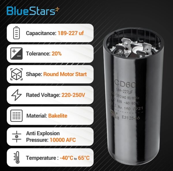 BlueStars 189-227 uf/MFD 220-250 VAC Volts Round Start Capacitor 50/60 Hz AC Electric - Exact Replacement of OEM Single Phase Motor Capacitors - Lifetime Up to 30.000 Hours | EZ Auction