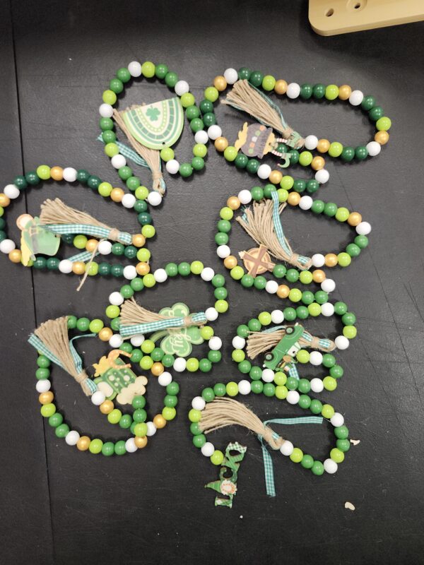 *** 8 PACK PICTURE FOR REFERENCE***Long Rustic St Patrick's Day Wooden Beaded Tassel Garland Farmhouse Style Irish Decor Green Wooden Bead Garland for St Patrick's Day Tiered Tray Decorations Hanging Ornaments (144pcs Beads Garland) | EZ Auction