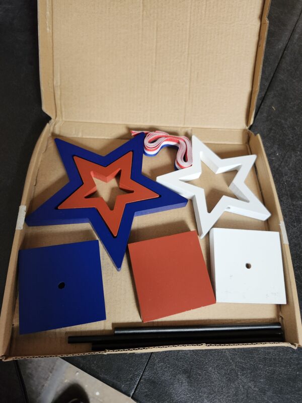 4th of July Patriotic Decorations, 3 Pieces Wood Star Tabletop Decor for Independence Day Party Favors Supplies, Modern Tiered Tray Decor Star Red White and Blue Table Wooden Signs for Home, Office | EZ Auction