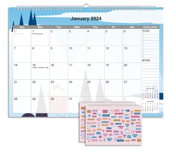 2024 Calendar 12 Month Wall - 2024 Calendar Jan. - Dec. 12" x 17", Large Calendar with Calendar Stickers, Spiral Bound, Hanging Hook, Great for Planning and Organizing Your Home School Office Time | EZ Auction