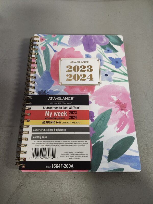 AT-A-GLANCE 2023-2024 Academic Planner, Weekly & Monthly, 5-1/2" x 8-1/2", Small, Monthly Tabs, Pocket, Flexible Cover, Badge Floral (1664F-200A) | EZ Auction