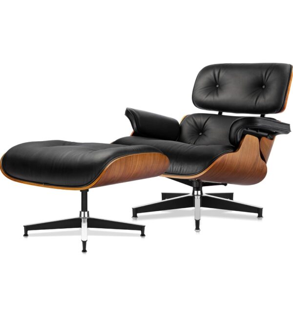 Top Black Grain Leather, Mid Century Chaise Lounge Chair and Ottoman, Modern Chair Classic Design, Walnut Wood, Heavy Duty Base Support for Living Room Study Lounge Office | EZ Auction