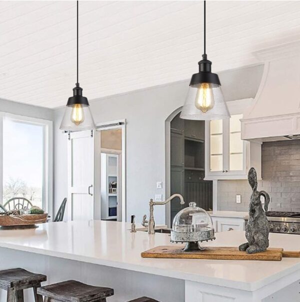 Industrial Glass Pendant Light with Handblown Clear Seeded Glass Shade, One-Light Adjustable Rustic Mini Pendant Lighting Fixture for Kitchen Island Cafe Bar Farmhouse, Black | EZ Auction