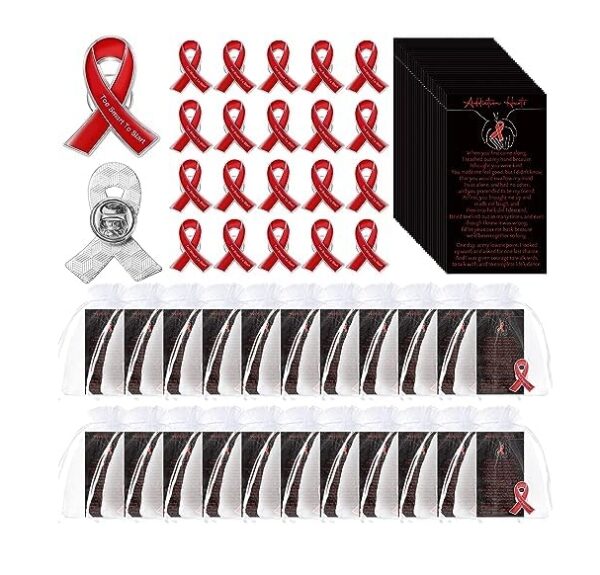 Loetere 30 Sets Red Ribbon Pins with Inspirational Cards and Organza Bags 30 HIV Cancer Awareness Lapel Pins 30 Motivational Cards 30 White Bags for Survivor Awareness Party Home Office Supplies, | EZ Auction