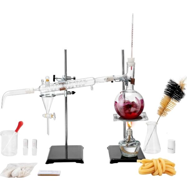 ***TWO PARTS ARE BORKEN***VEVOR Essential Oil Distillation Kit, 500ml Distillation Apparatus, 3.3 Boro Lab Glassware Distillation Kit with Alcohol Lamp, Ceramic Mesh and 24, 40 Joint, 28 pcs Set | EZ Auction