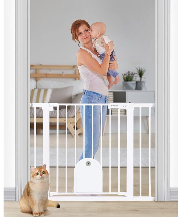 Newnice 40.6" -29.7" Wide Auto Close Baby Gate with Small Cat Door, Easy Walk Thru & Durable Dog Pet Gates for Stairs, Doorway, House, Pressure Mounted Safety Child Gate Includes 4 Wall Cups | EZ Auction