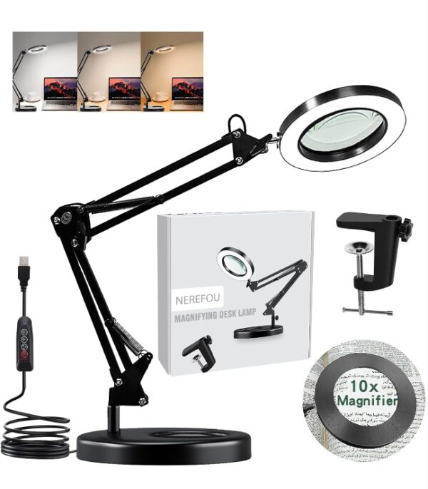 *** MISSING SUPPORT *** Magnifying Glass with Light and Stand, 10X Magnifying Lamp, 2-in-1 Magnifying Desk Lamp with Clamp, 3 Color Mode, Magnifying Glasses with Light for Close Work (1st Generation Base ＆ Clamp) | EZ Auction