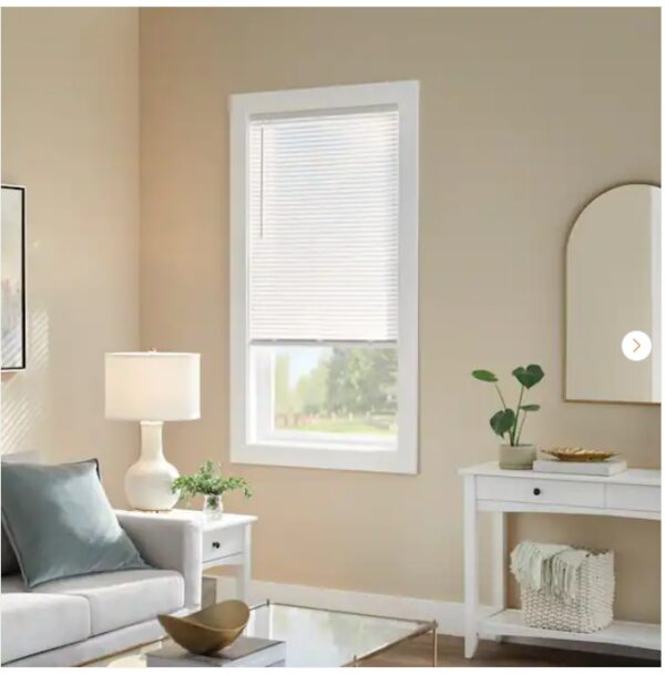 Pre-Cut 36 in. W x 64 in. L Cordless Light Filtering White Vinyl Mini Blind with 1 in. Slats | EZ Auction