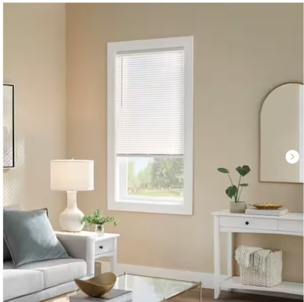 Pre-Cut 33 in. W x 64 in. L Cordless Light Filtering White Vinyl Mini Blind with 1 in. Slats | EZ Auction