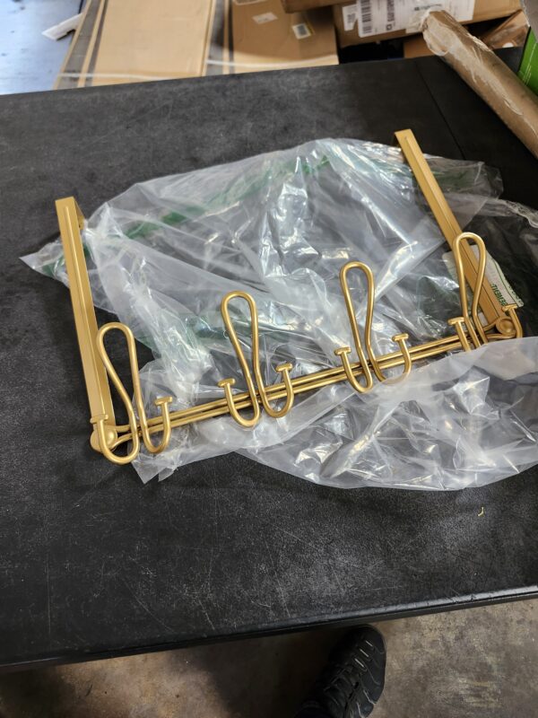 *** USED, HAS A DAMAGED EDGE *** FantasHome Double Prong Over The Door Hook Rack with 12 Hooks – Gold | EZ Auction