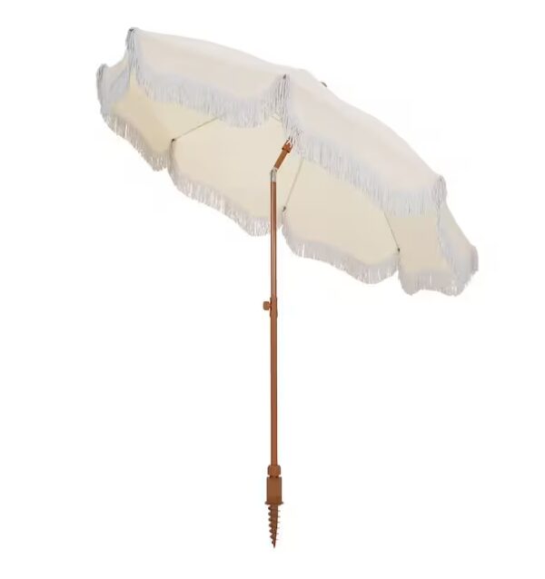 ***READ THE DESCRIPTION***7 ft. Metal Beach Umbrella in White with Tassel Design and Cover Carry Bag | EZ Auction