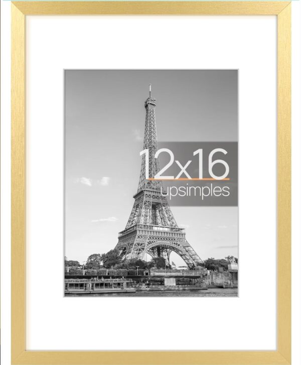 upsimples 12x16 Picture Frame, Display Pictures 8.5x11 with Mat or 12x16 Without Mat, Wall Hanging Photo Frame, Gold, 1 Pack | EZ Auction