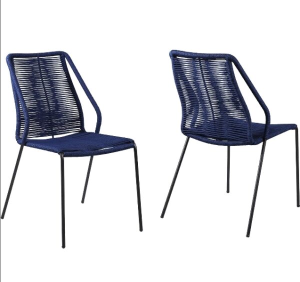 armen LIVING LCCPSIBLUE Clip Modern Indoor Outdoor Patio Stackable Steel and Rope Accent Dining Chair, Set of 2, Blue | EZ Auction