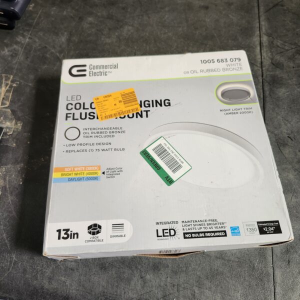 "Commercial Electric 13 in. White, Oil Rubbed Bronze Trims 1350 Lumens LED Flush Mount Ceiling Light Fixture with Night Light Adjustable CCT" | EZ Auction