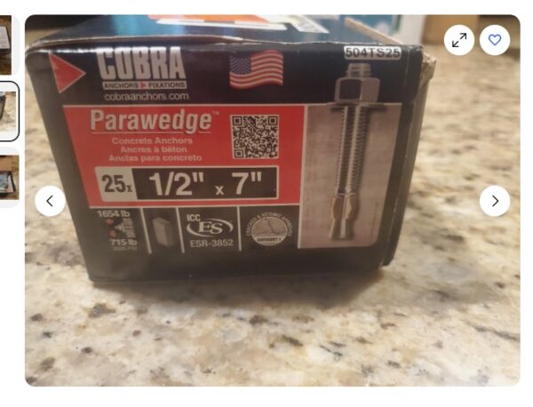 Cobra 1/2 in. x 7 in. Parawedge Anchor, 25 Pack Box | EZ Auction