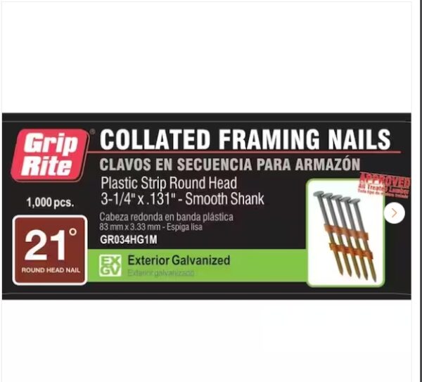 GRIP-RITE 3-1/4 in. x 0.131 in. 21° Plastic Collated Exterior Galvanized Smooth Shank Framing Nails 1000 per Box | EZ Auction