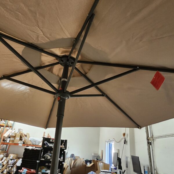 California Umbrella 7.5' Round Aluminum/Fiberglass Umbrella, Push Open, Bronze Pole, Pacifica Beige Fabric | EZ Auction