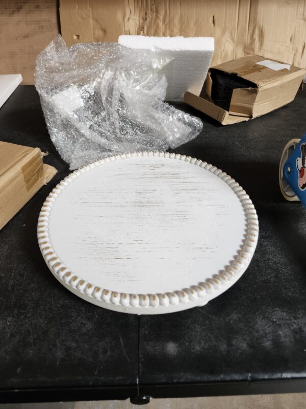 Decorative Tray Decor Round Tray for Kitchen Counter Rustic White Beaded Table Tray Wooden Circle Tray Farmhouse Home Decorations Countertop Display | EZ Auction