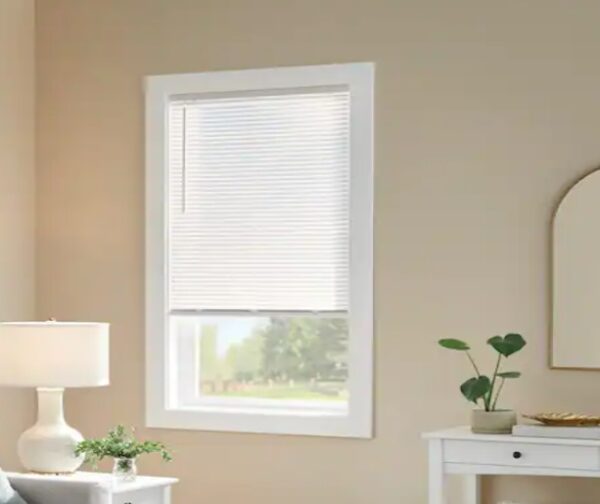 Pre-Cut 30 in. W x 64 in. L Cordless Light Filtering White Vinyl Mini Blind with 1 in. Slats | EZ Auction