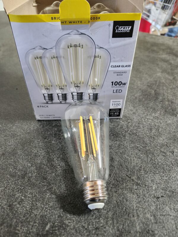 Feit Electric 100-Watt Equivalent ST19 Dimmable Straight Filament Clear Glass E26 Vintage Edison LED Light Bulb, Bright White (4-Pack) | EZ Auction