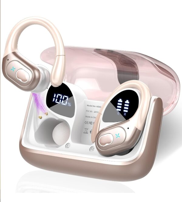 Wireless Earbuds 75hrs Bluetooth 5.3 Headphone Sport, 2024 Bluetooth Earbuds Stereo Deep Bass Over Ear Bud with Earhooks, ENC Noise Cancelling Mic, IPX7 Waterproof Earphone Rose Gold | EZ Auction