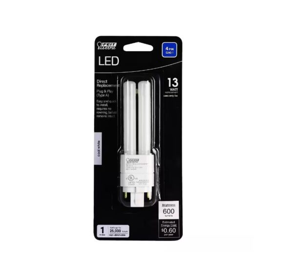 "Feit Electric 13-Watt Equivalent PL Quad Tube CFLNI 4-Pin Plugin G24Q-1 Base CFL Replacement LED Light Bulb, Cool White 4100K (1-Bulb)" | EZ Auction