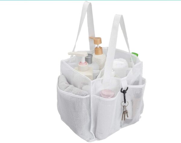 ALYER Mesh Shower Caddy Basket,Large Shower Bag Tote,Hanging Bath Toiletry Organizer with 1 Big Separated Inner Compartment and 6 Deep Outer Pockets (White) | EZ Auction