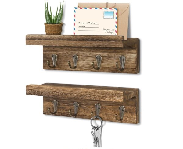 2 Pack Farmhouse Wooden Key Holder, Shelf with Hooks, Coat Rack Wall Mount, for Entryway, Bathroom, Kitchen (Brown) | EZ Auction