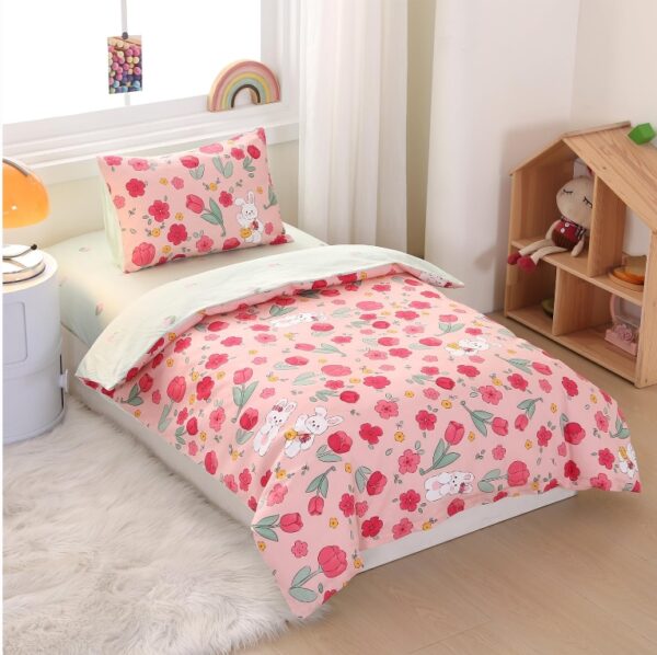 100% Cotton Crib Bedding Set with Floral Rabbit Printed, 3-Pieces Cute Sweet Comforter Set for Girls, Includes Fitted Sheet, Duvet Cover and Envelope Pillowcase | EZ Auction