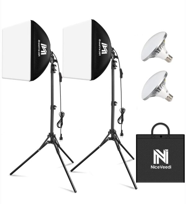 Softbox Lighting Kit, NiceVeedi 2-Pack 16'' x 16'' Softbox Photography Lighting Kit with 63” Tripod Stand & 5400K 450W Equivalent LED Bulb, Continuous Lighting for Photography/Video Record | EZ Auction