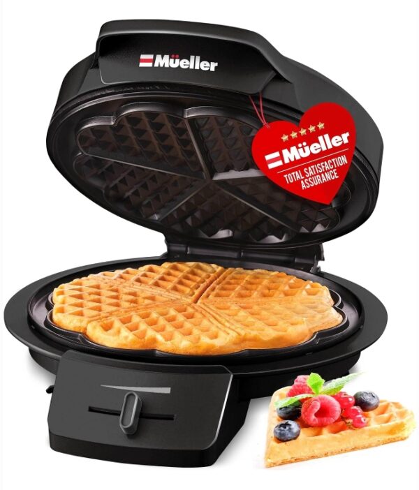 *** USED, BROKEN LID ***Mueller Heart Waffle Maker, 5 Belgian Waffle Iron, Adjustable Browning Control, Cool Touch Handle, Compact and Easy to Clean, Great Mother’s Day Gift | EZ Auction