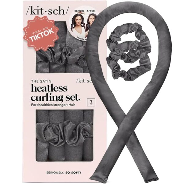 Kitsch Satin Heatless Curling Set - Heatless Hair Curlers to Sleep in, Heatless Curls Overnight - Heatless Curling Rod - No Heat Curls Overnight - Overnight Blowout Rods - Soft Hair Rollers - Charcoal | EZ Auction