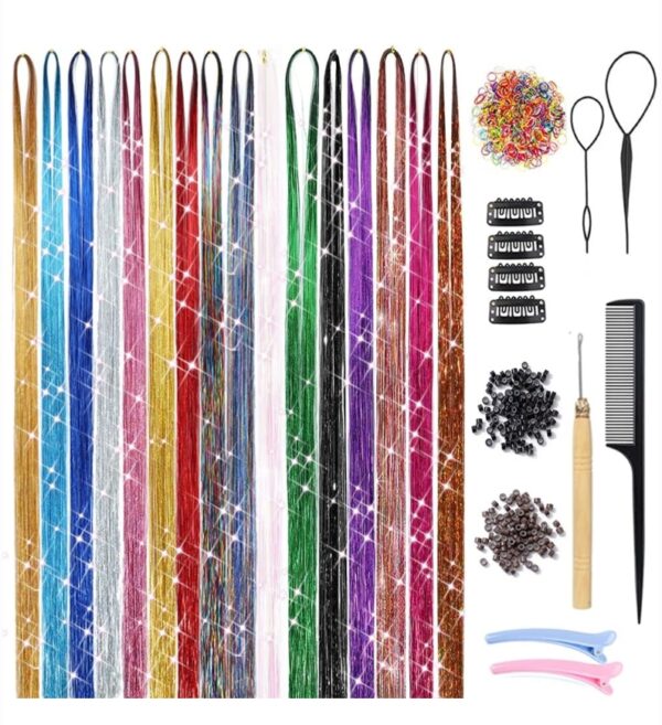 16 Colors Hair Tinsel Kit with Tools 3200 Strands Glitter Tinsel Hair Extensions Heat Resistant Sparkling Shiny Fairy Hair Accessories for Women Girl Kids 47Inch | EZ Auction