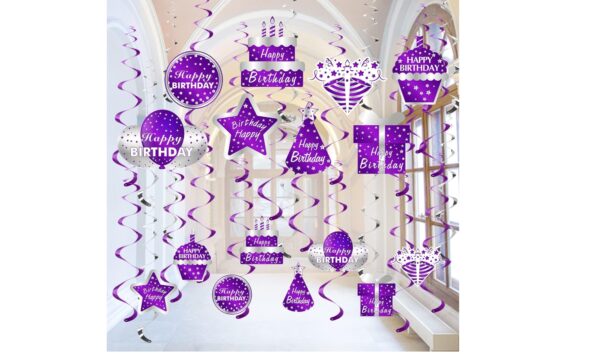 Purple Silver Happy Birthday Decorations Hanging Swirls Party Supplies, 16Pcs Happy Birthday Foil Swirl Decor for Women Girls, 10th 16th 18th 21st 30th 40th 50th 60th Ceiling Swirl | EZ Auction