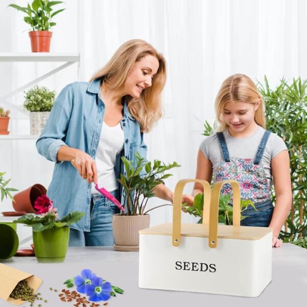 Seed Storage Box, Metal Seed Box with Wooden Lid, Portable Seed Storage Organizer, 4 Compartments Garden Seed Organizer, Seed Packet Container Empty for Flower Vegetable Fruit Seeds (White) | EZ Auction