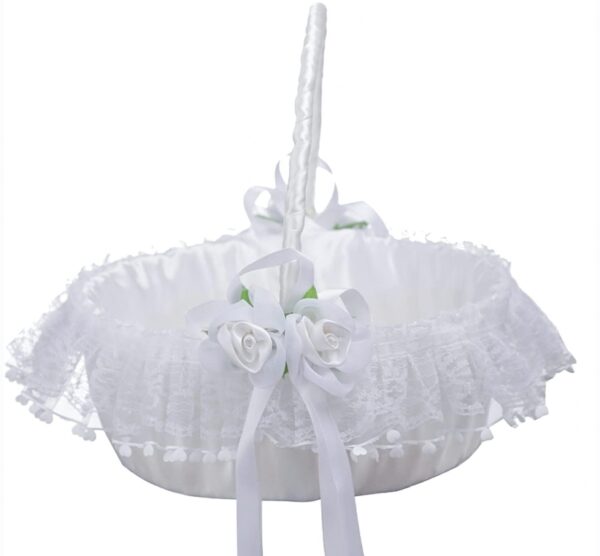 White Wedding Flower Girl Baskets Set of 2 with Swingable Handle, Lace and Artificial Flowers, Satin Bowknot Fairy Flower Baskets, Large Wedding Baskets for Flower Girls Wedding Ceremony | EZ Auction