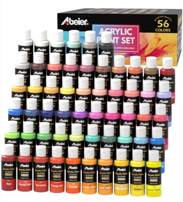 ABEIER Acrylic Paint Set, 56 Colors (2oz/60ml), Matte Finish, Waterproof, Rich Pigments, Non-Toxic Paints for Painting on Canvas Crafts Wood Ceramic, Fabric Ideal for Beginners and Students | EZ Auction