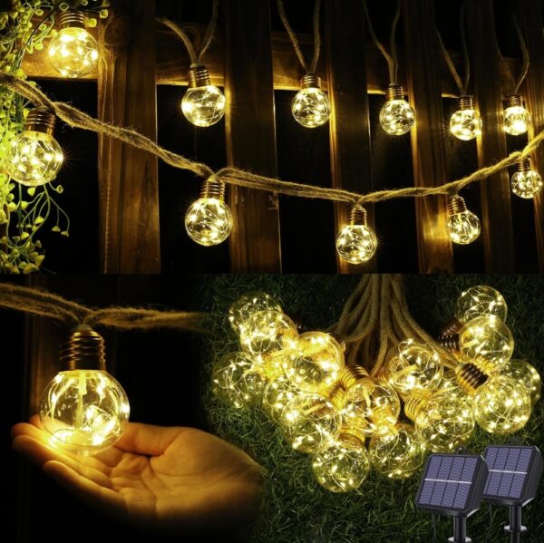 Solar String Lights, 2 Pack 20FT G50 Globe Vintage Rope Hemp Outdoor String Lights With 8 Modes，16 Waterproof & Shatterproof Bulbs Warm White Solar Powered Patio Lights for Garden Wedding Party Decor | EZ Auction