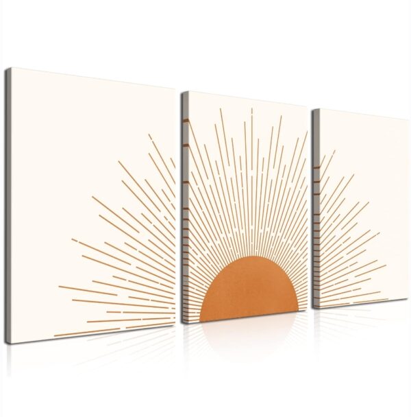 Boho Sun Wall Art Set of 3 Canvas Print Yellow Sun Rising on the Horizon Geometric Nature Illustrations Line Art Wall Mid Century Modern Boho Wall Art for Living Room Bathroom Framed 12x16inch | EZ Auction