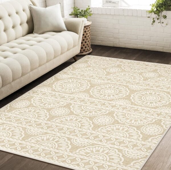 Washable Rugs 6x9 Boho Floral Living Room Rug, Aesthetic Cream Moroccan Large Carpet for Bedroom Under Bed, Modern Non Skid Area Rug for Dinning Room Office Apartment Nursery, 6x9ft, Beige Cream | EZ Auction