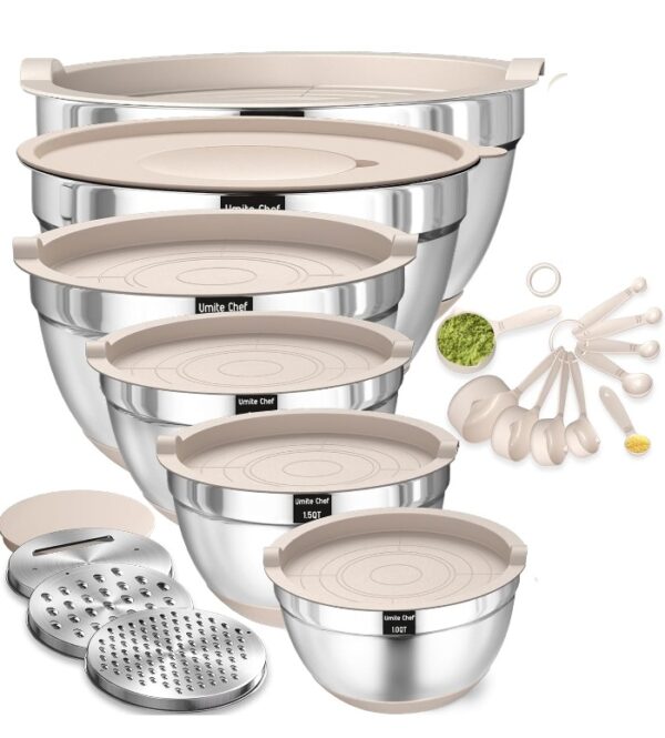 Mixing Bowls with Airtight Lids Set, 20PCS Stainless Steel Khaki Bowls with Grater Attachments, Non-Slip Bottoms & Kitchen Gadgets Set, Size 7, 4, 2.5, 2.0,1.5, 1QT, Great for Mixing & Serving | EZ Auction